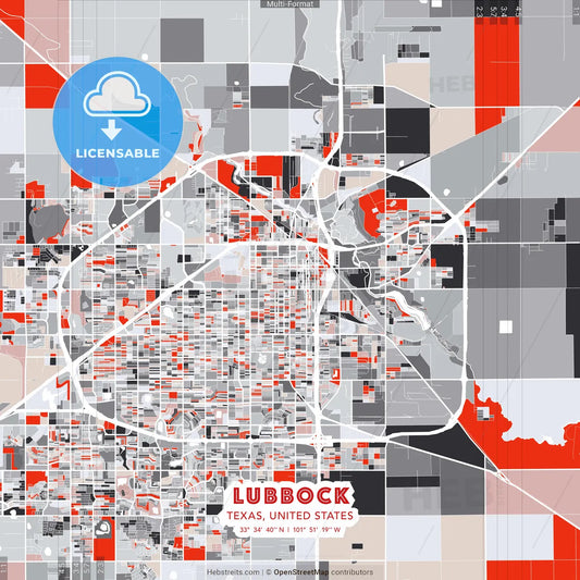 Lubbock, Texas, United States - modern street map poster template with gray and red tones