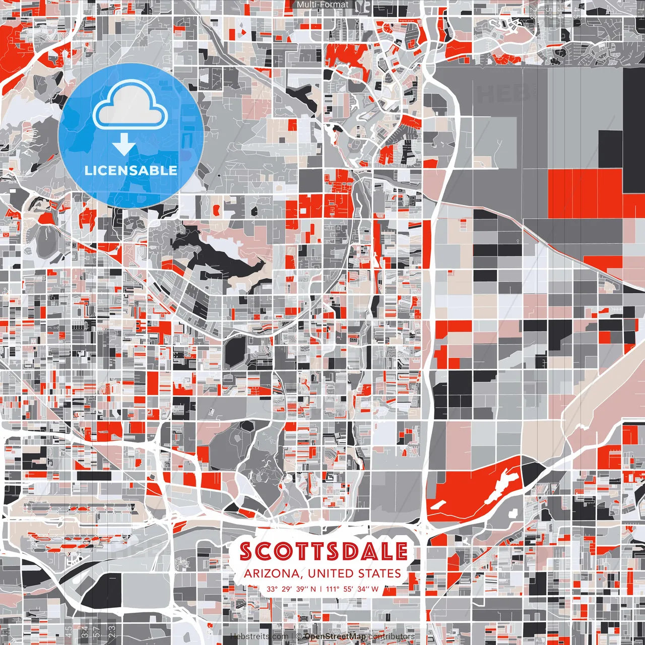 Scottsdale, Arizona, United States - modern street map poster template with gray and red tones