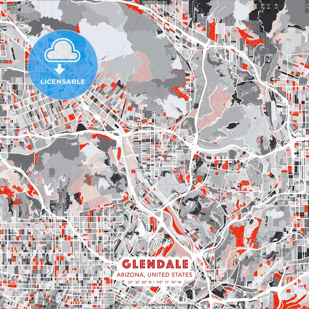 Glendale, Arizona, United States - modern street map poster template with gray and red tones