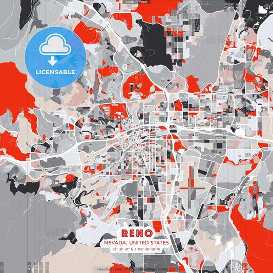Reno, Nevada, United States - modern street map poster template with gray and red tones