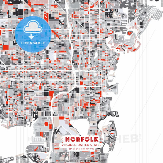 Norfolk, Virginia, United States - modern street map poster template with gray and red tones
