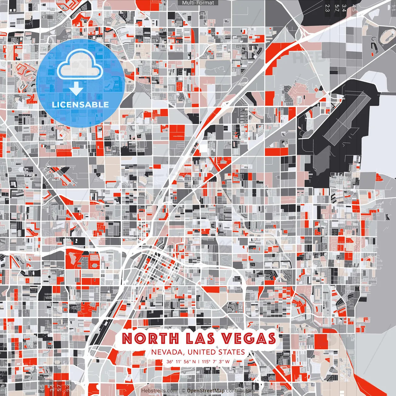 North Las Vegas, Nevada, United States - modern street map poster template with gray and red tones