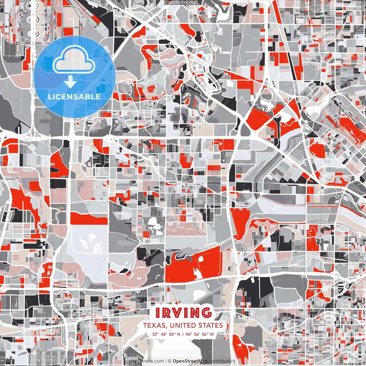 Irving, Texas, United States - modern street map poster template with gray and red tones