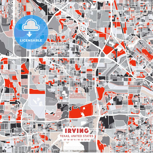 Irving, Texas, United States - modern street map poster template with gray and red tones