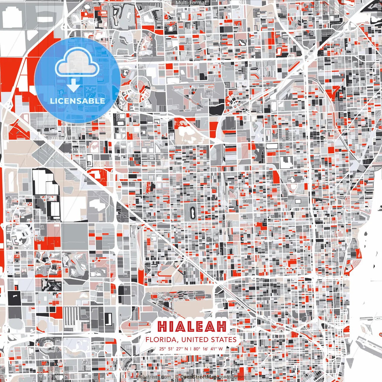Hialeah, Florida, United States - modern street map poster template with gray and red tones