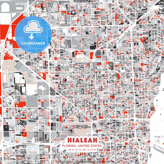 Hialeah, Florida, United States - modern street map poster template with gray and red tones
