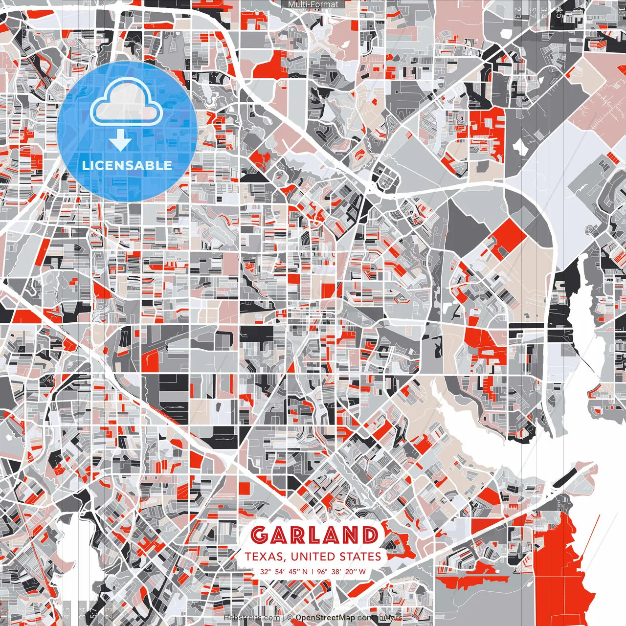 Garland, Texas, United States - modern street map poster template with gray and red tones
