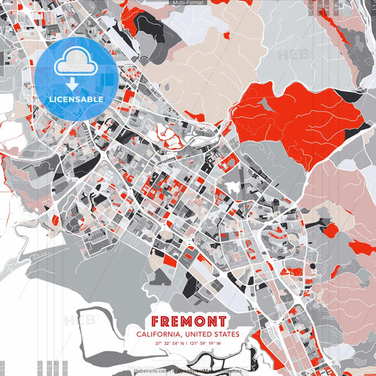 Fremont, California, United States - modern street map poster template with gray and red tones