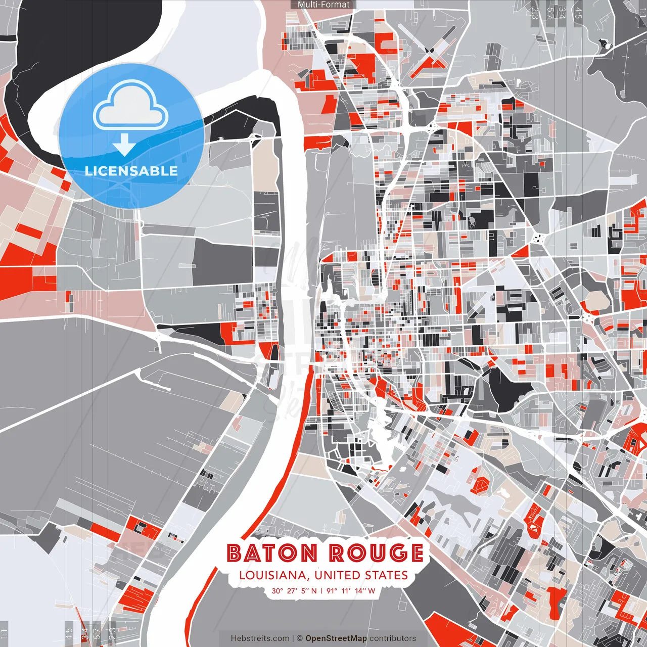 Baton Rouge, Louisiana, United States - modern street map poster template with gray and red tones