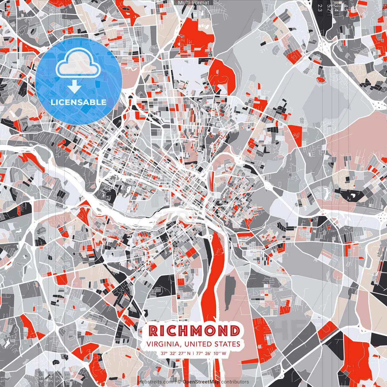 Richmond, Virginia, United States - modern street map poster template with gray and red tones