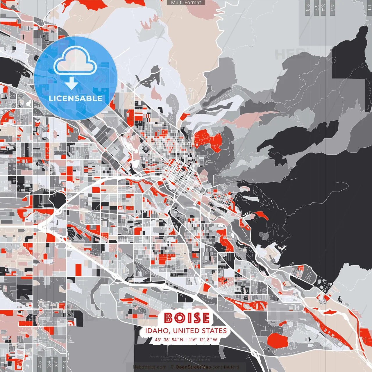 Boise, Idaho, United States - modern street map poster template with gray and red tones