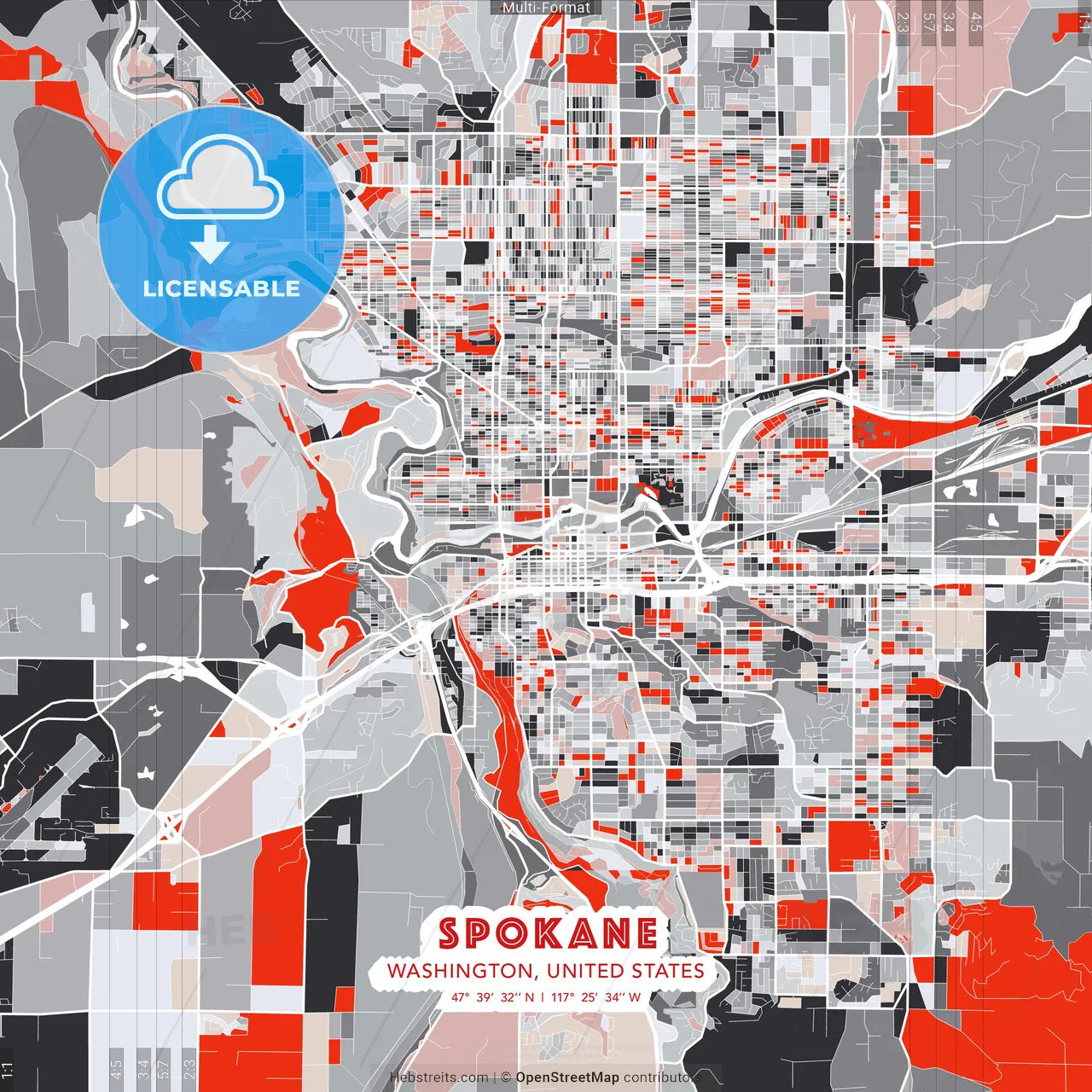 Spokane, Washington, United States - modern street map poster template with gray and red tones