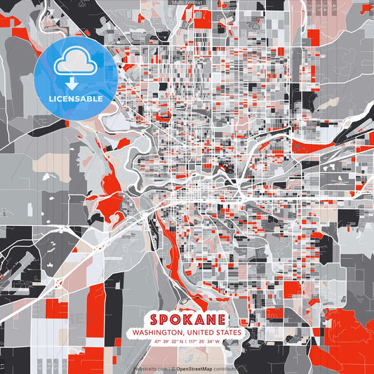 Spokane, Washington, United States - modern street map poster template with gray and red tones
