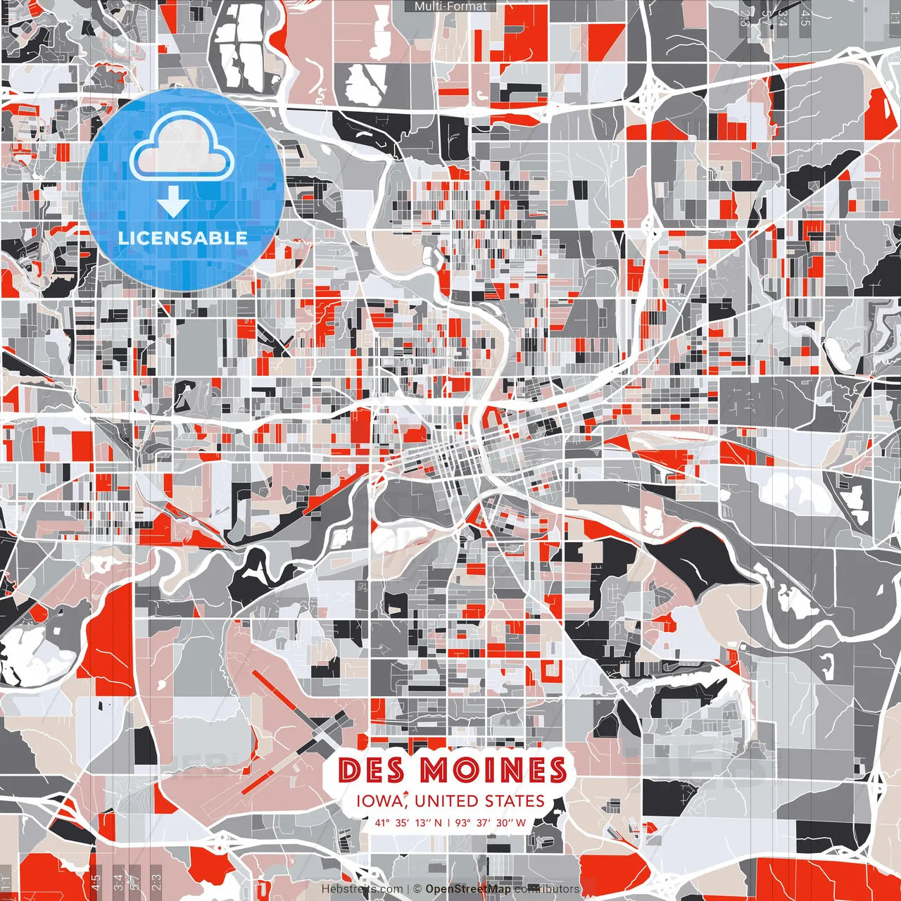 Des Moines, Iowa, United States - modern street map poster template with gray and red tones