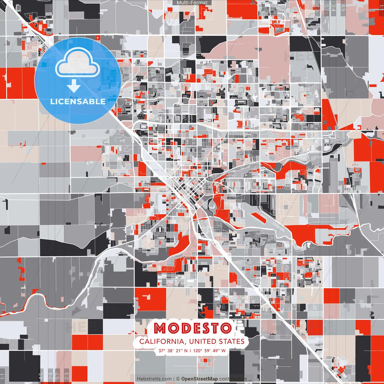 Modesto, California, United States - modern street map poster template with gray and red tones