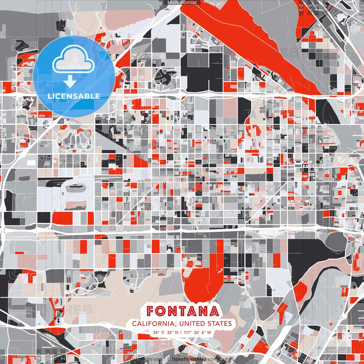Fontana, California, United States - modern street map poster template with gray and red tones
