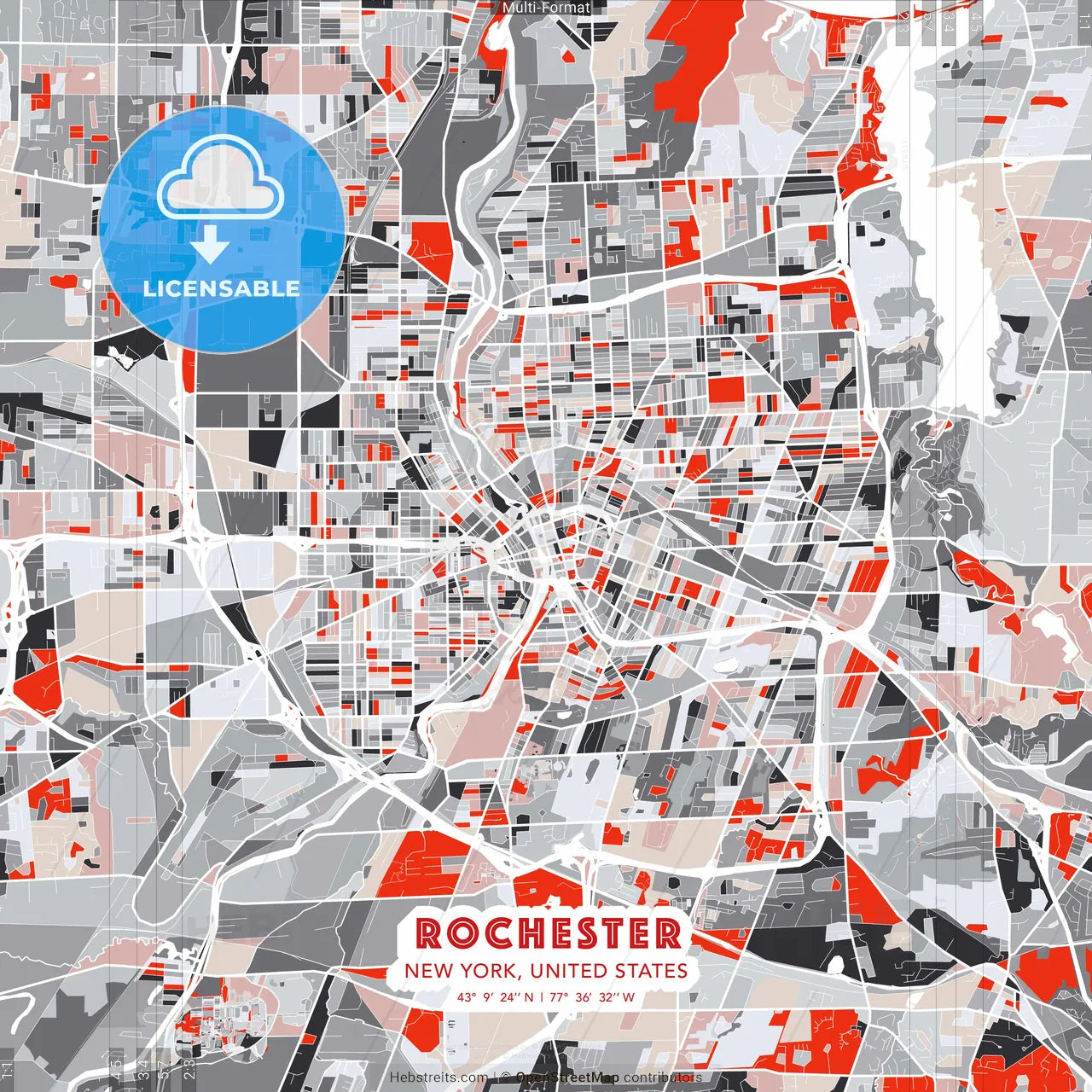 Rochester, New York, United States - modern street map poster template with gray and red tones