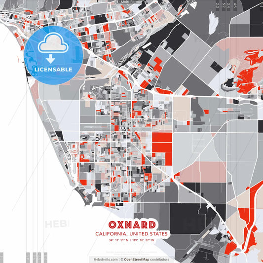 Oxnard, California, United States - modern street map poster template with gray and red tones