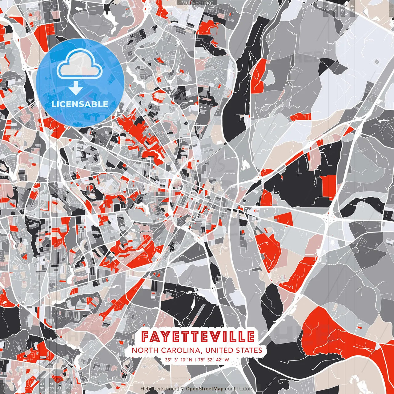 Fayetteville, North Carolina, United States - modern street map poster template with gray and red tones