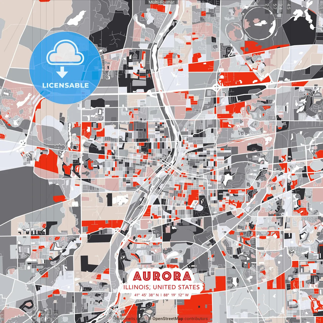 Aurora, Illinois, United States - modern street map poster template with gray and red tones