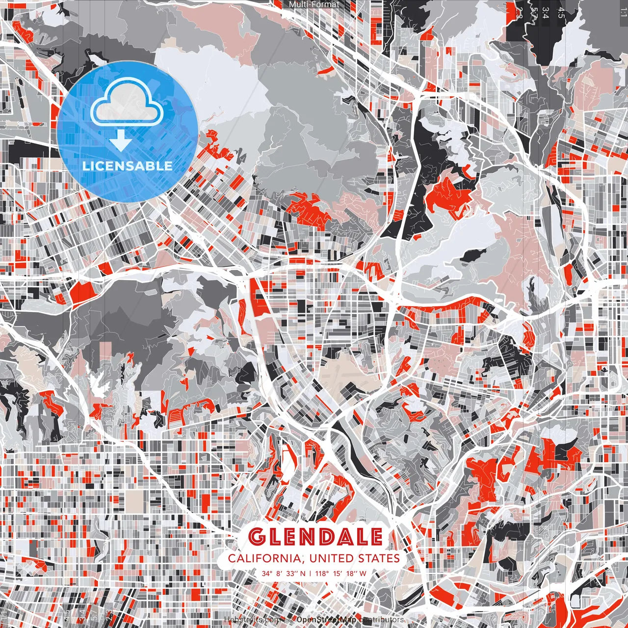Glendale, California, United States - modern street map poster template with gray and red tones