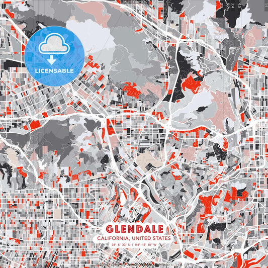 Glendale, California, United States - modern street map poster template with gray and red tones