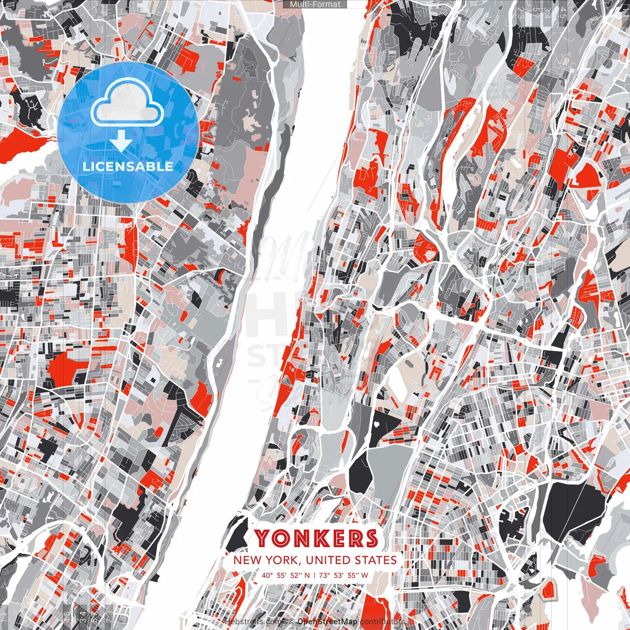 Yonkers, New York, United States - modern street map poster template with gray and red tones