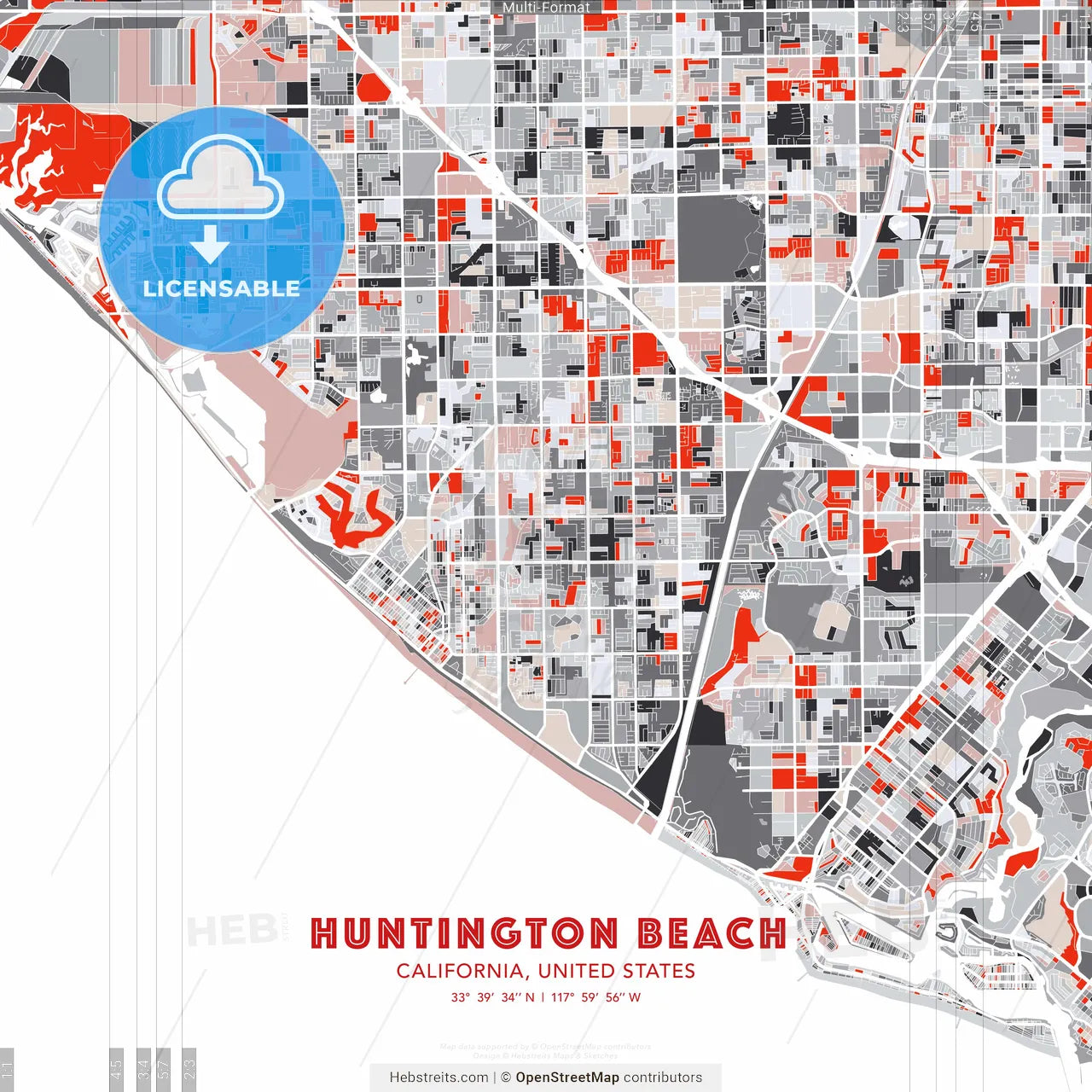Huntington Beach, California, United States - modern street map poster template with gray and red tones