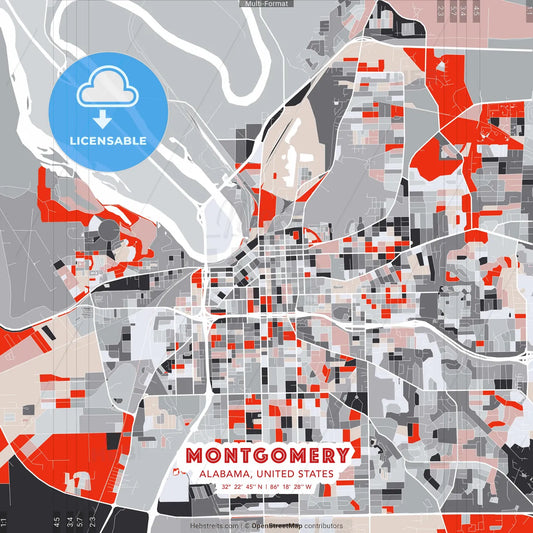 Montgomery, Alabama, United States - modern street map poster template with gray and red tones