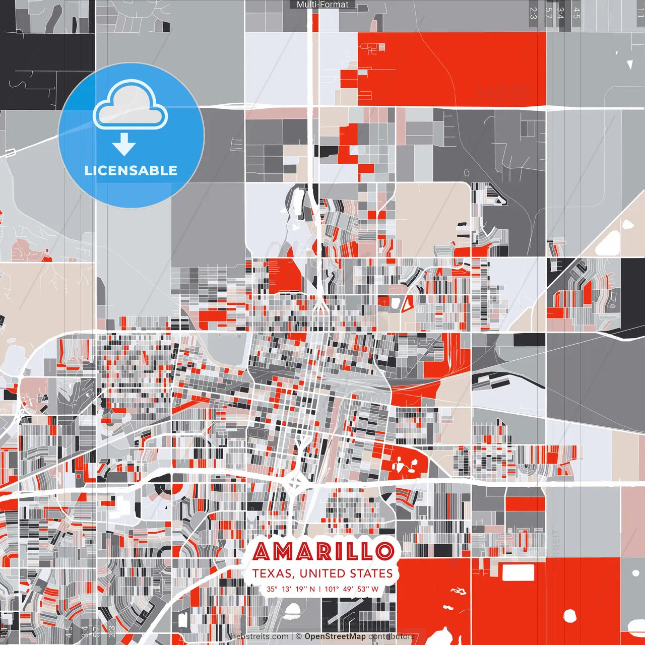 Amarillo, Texas, United States - modern street map poster template with gray and red tones