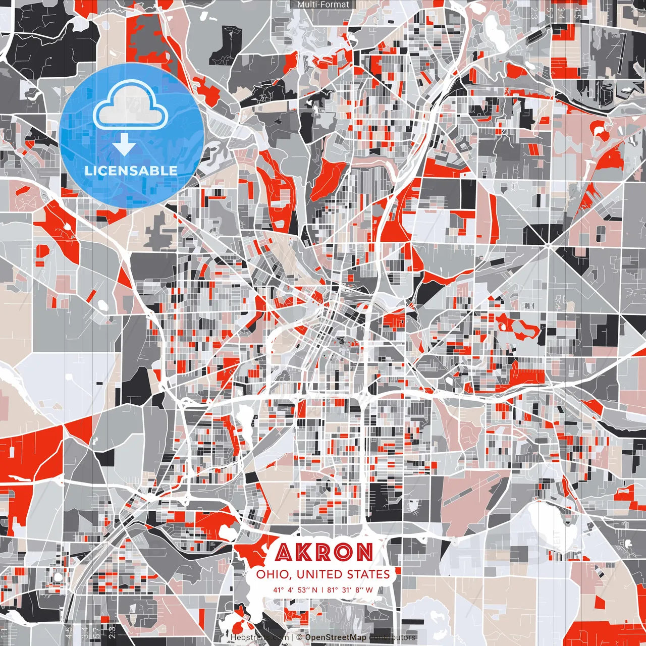 Akron, Ohio, United States - modern street map poster template with gray and red tones