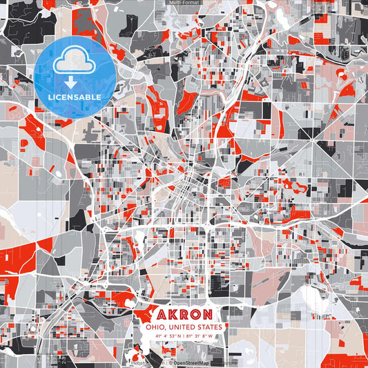 Akron, Ohio, United States - modern street map poster template with gray and red tones