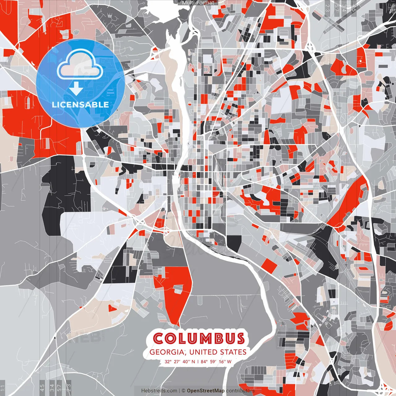 Columbus, Georgia, United States - modern street map poster template with gray and red tones