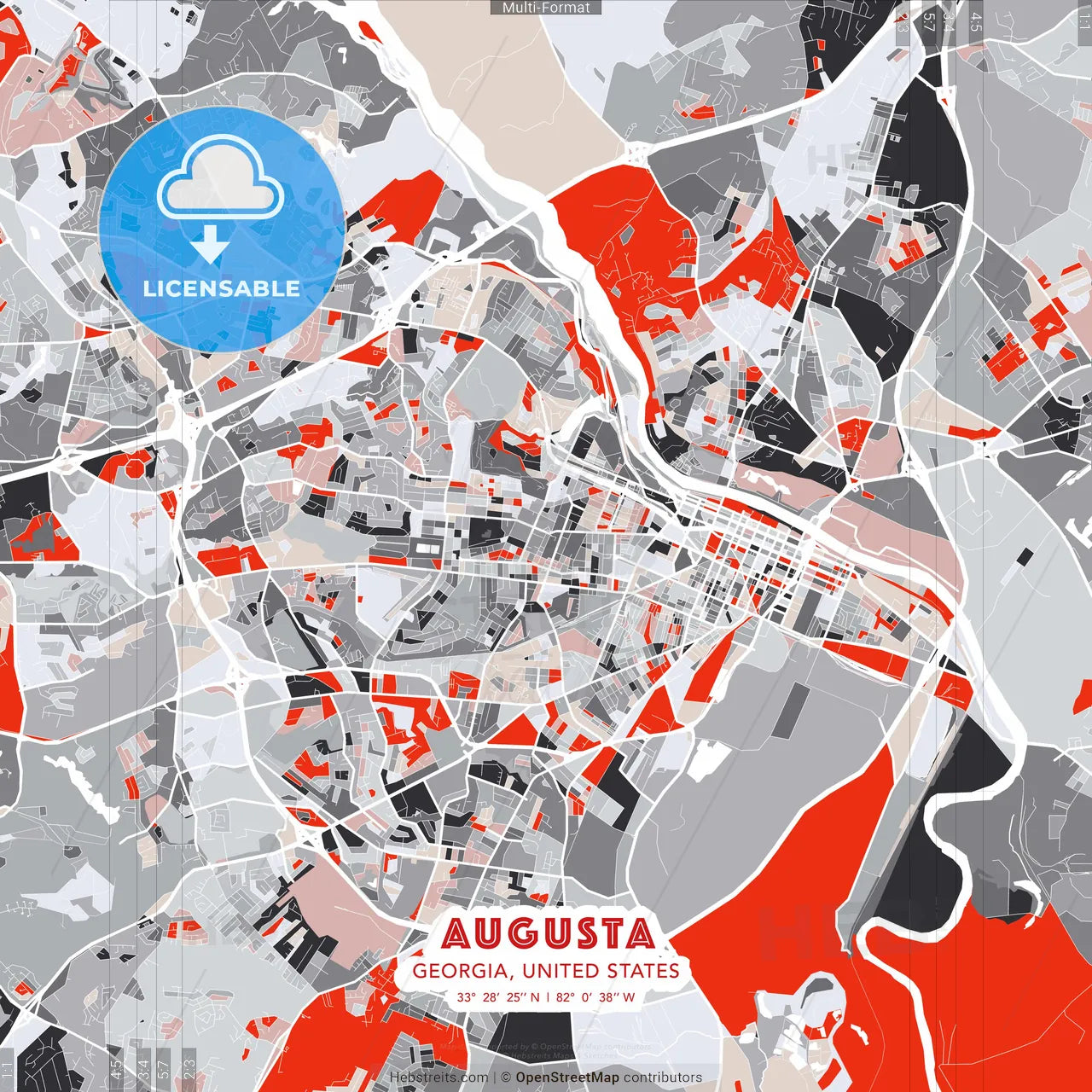 Augusta, Georgia, United States - modern street map poster template with gray and red tones