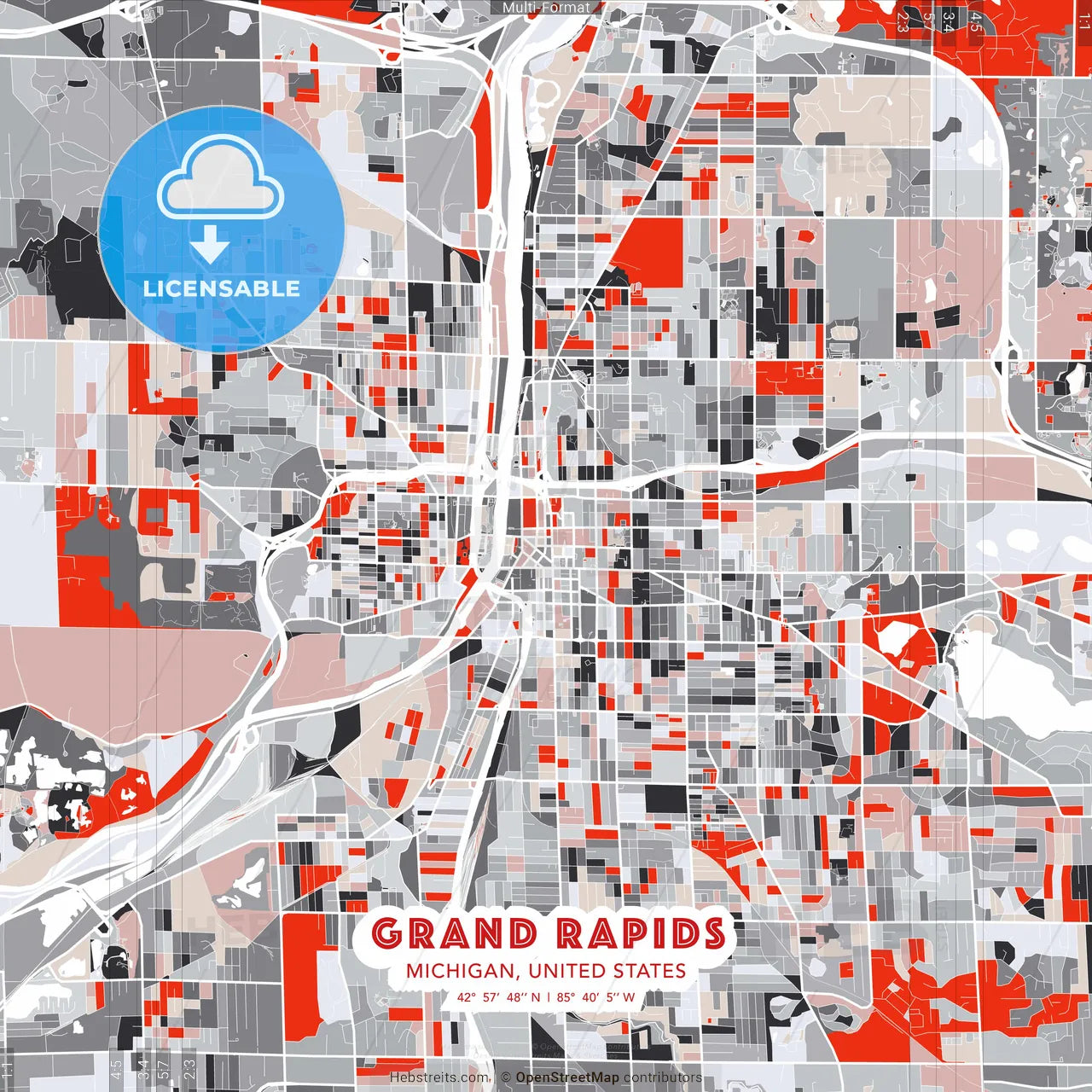 Grand Rapids, Michigan, United States - modern street map poster template with gray and red tones