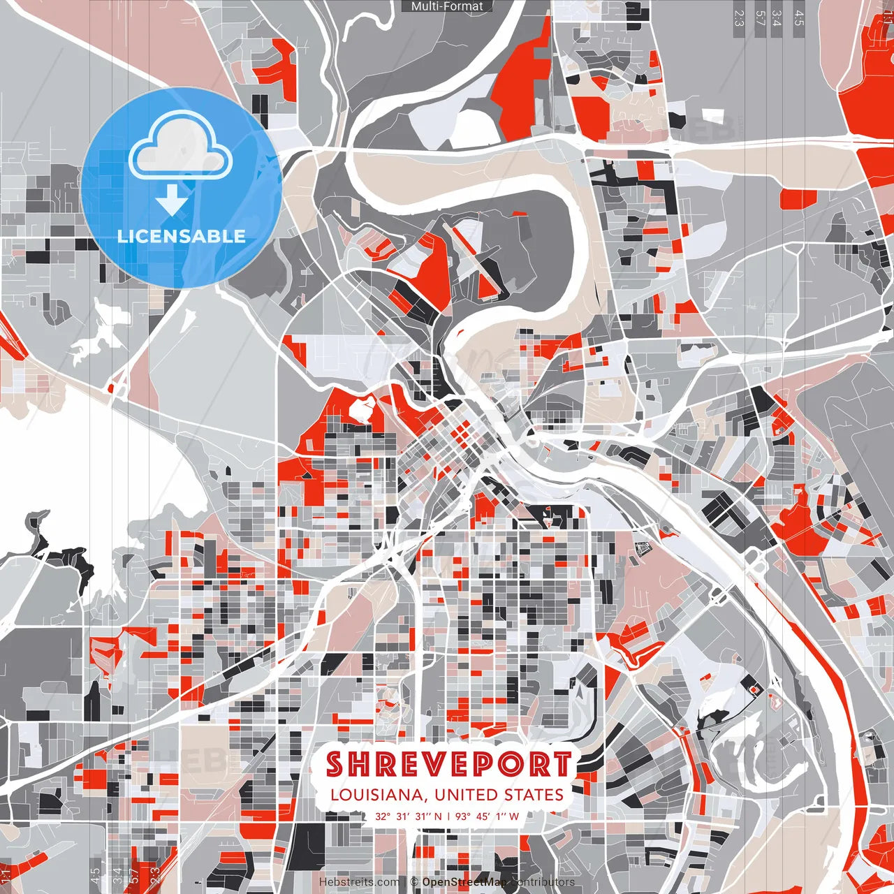 Shreveport, Louisiana, United States - modern street map poster template with gray and red tones