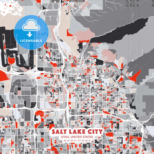 Salt Lake City, Utah, United States - modern street map poster template with gray and red tones