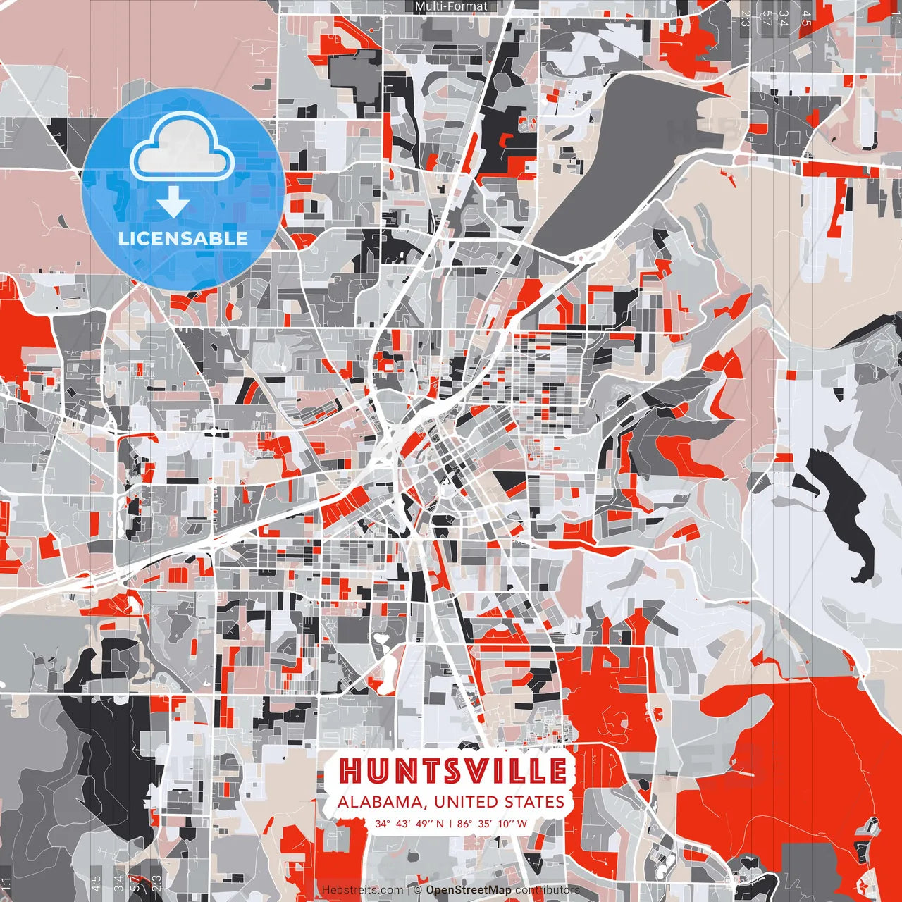 Huntsville, Alabama, United States - modern street map poster template with gray and red tones