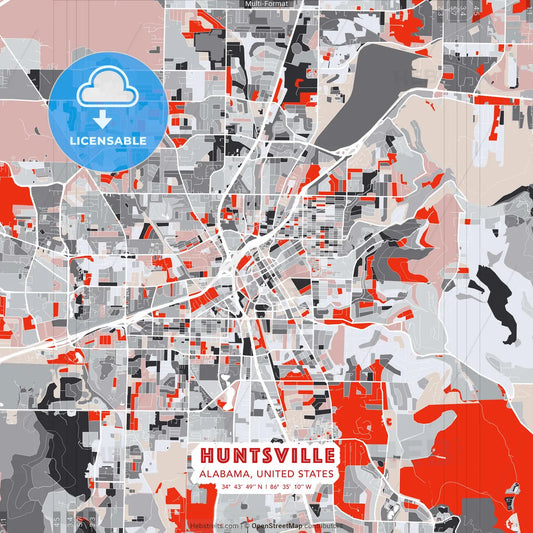 Huntsville, Alabama, United States - modern street map poster template with gray and red tones