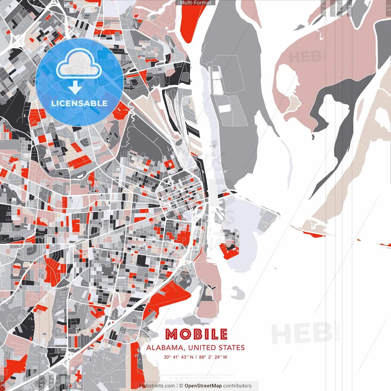 Mobile, Alabama, United States - modern street map poster template with gray and red tones
