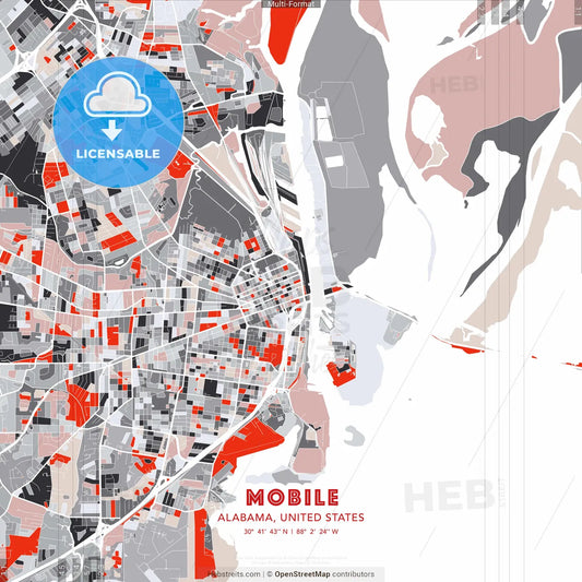 Mobile, Alabama, United States - modern street map poster template with gray and red tones