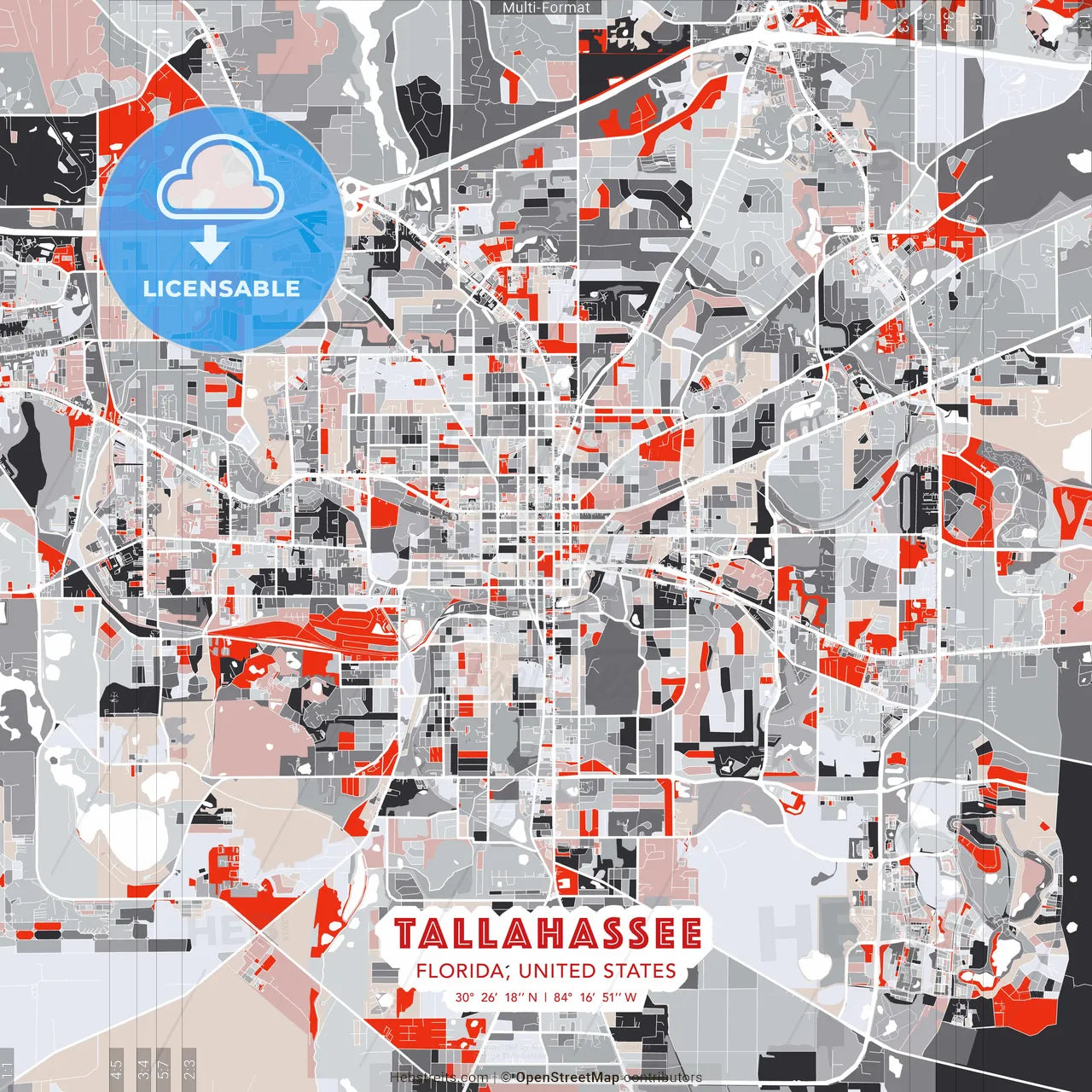 Tallahassee, Florida, United States - modern street map poster template with gray and red tones