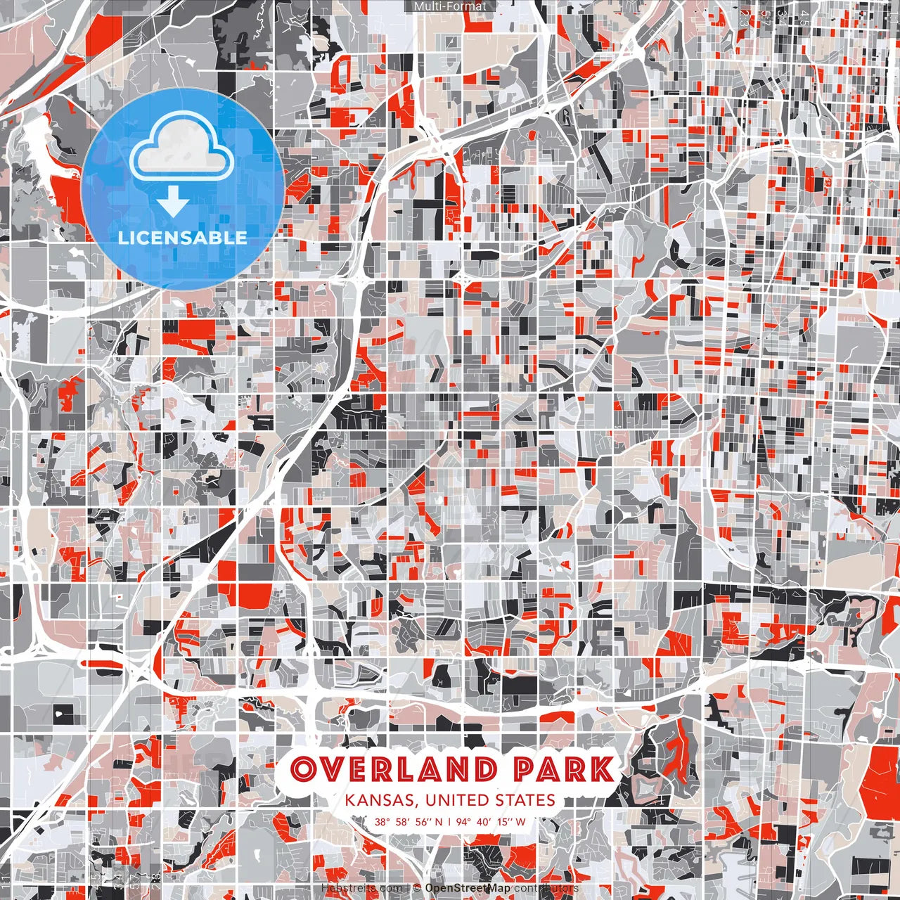 Overland Park, Kansas, United States - modern street map poster template with gray and red tones