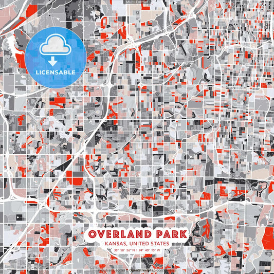Overland Park, Kansas, United States - modern street map poster template with gray and red tones