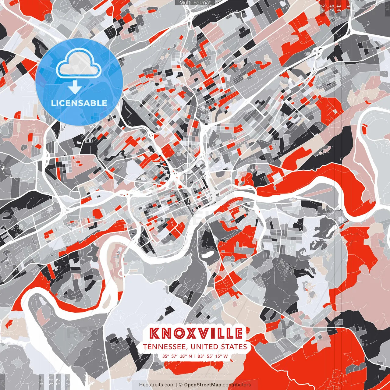 Knoxville, Tennessee, United States - modern street map poster template with gray and red tones