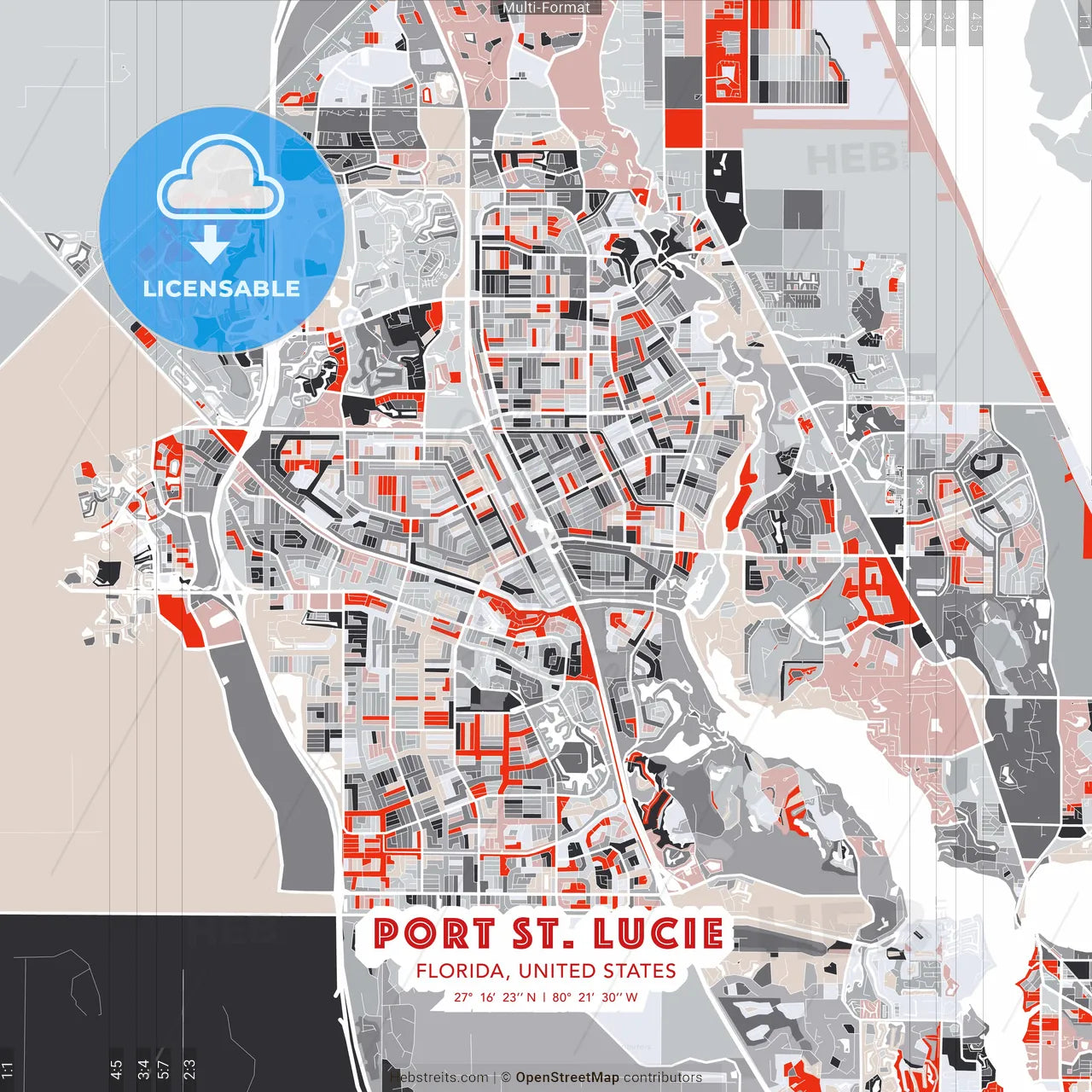 Port St. Lucie, Florida, United States - modern street map poster template with gray and red tones