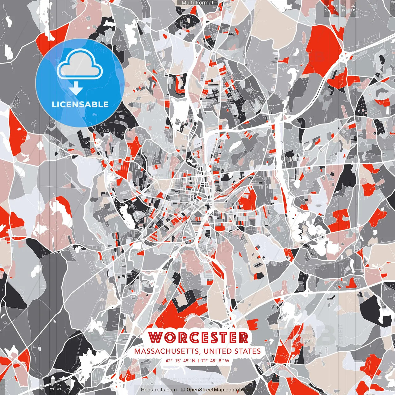 Worcester, Massachusetts, United States - modern street map poster template with gray and red tones