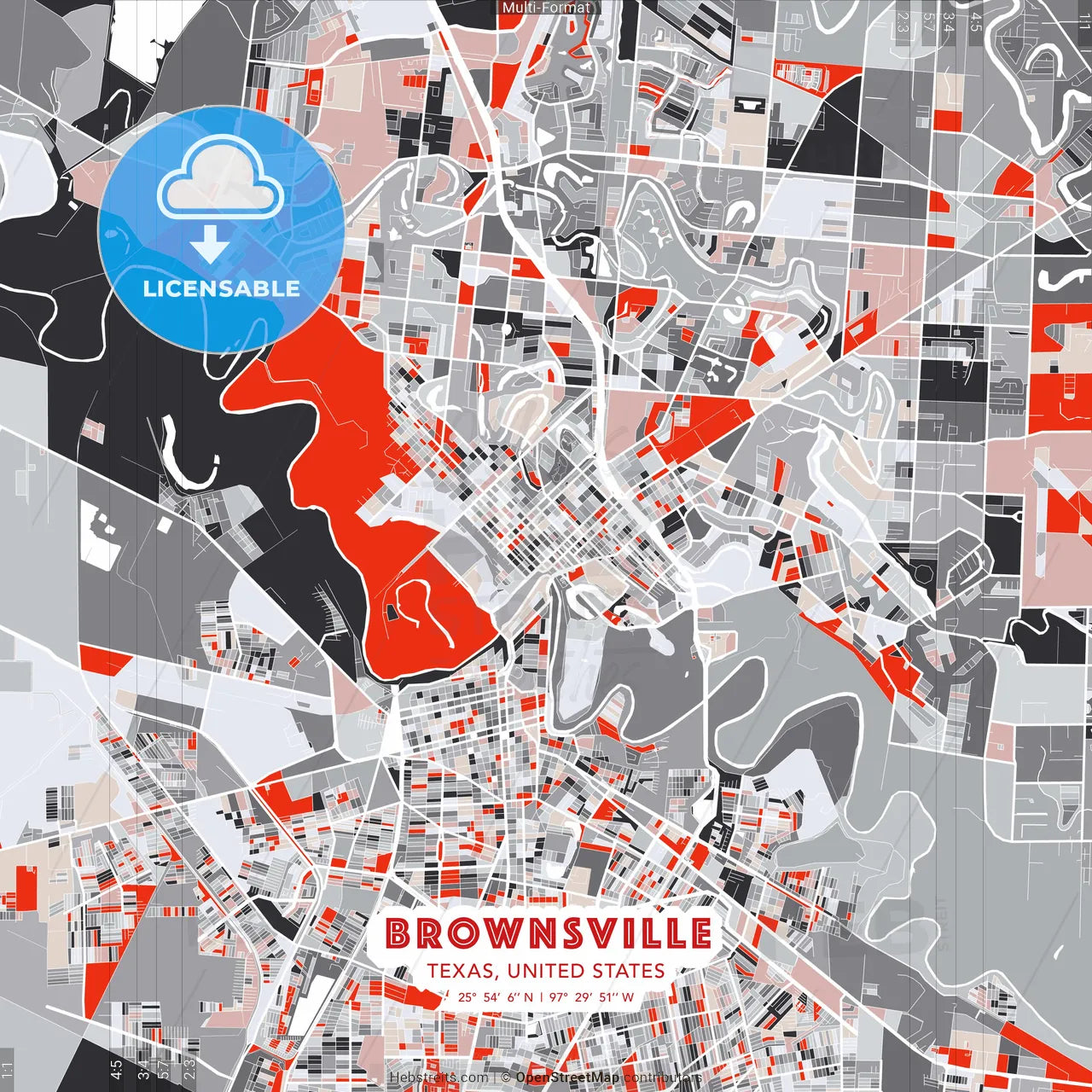 Brownsville, Texas, United States - modern street map poster template with gray and red tones