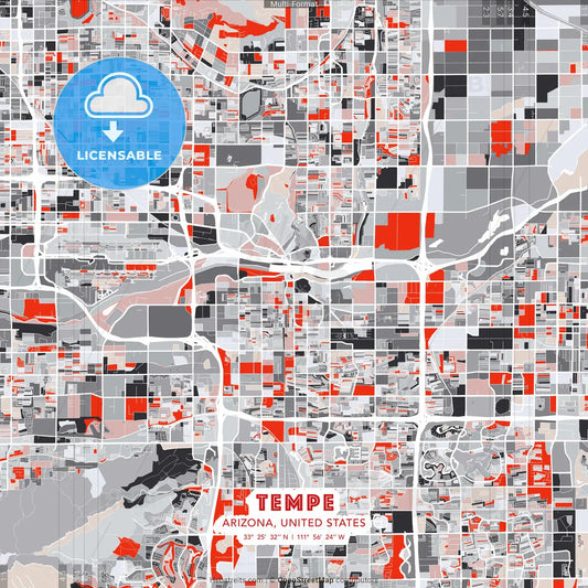 Tempe, Arizona, United States - modern street map poster template with gray and red tones
