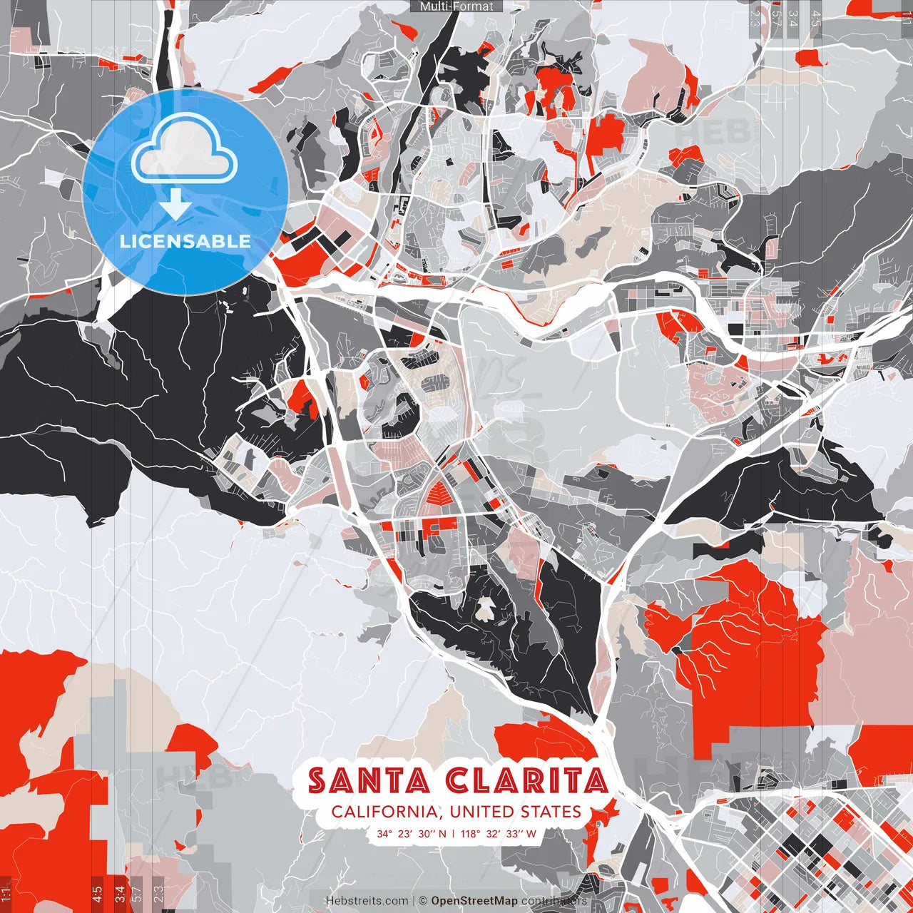 Santa Clarita, California, United States - modern street map poster template with gray and red tones